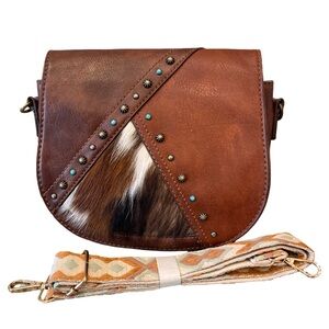 Catchfly Studio Western Vegan Leather & Cowhide Crossbody + Woven Strap